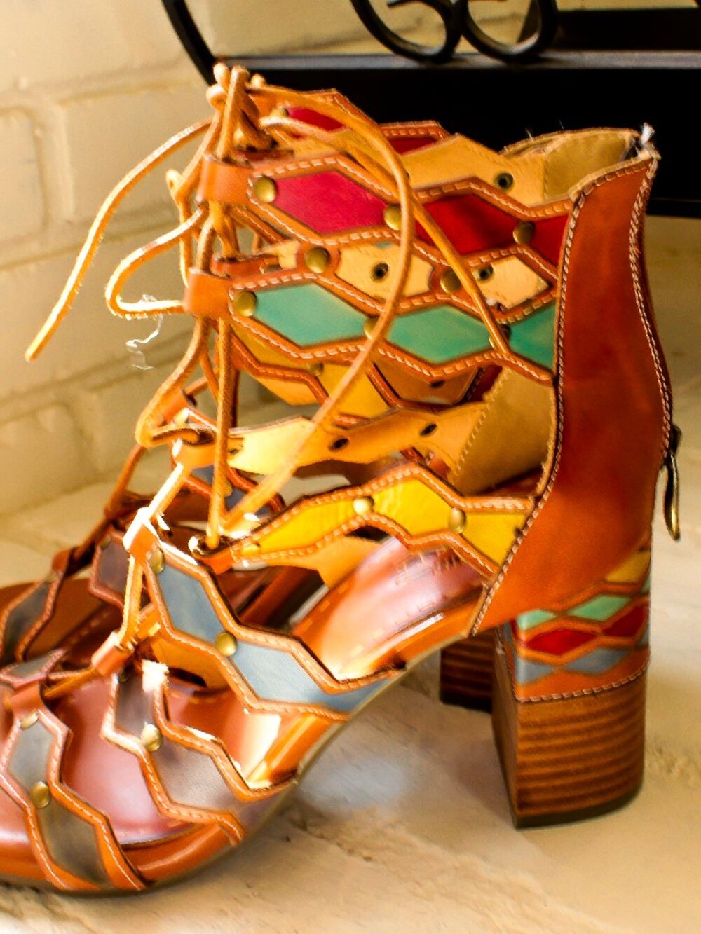New L’Artiste by Spring Step Multicolor Leather Caged Heel Sandals